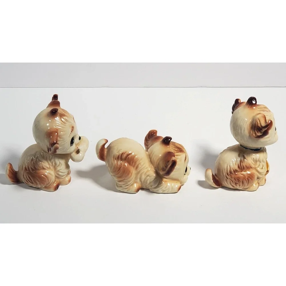 Vintage Dog Figurines Pekingese Puppies Playful Puppy Porcelain Set of 3 PLSREAD
